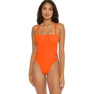 BECCA Baja Mar One Piece Swimsuit Large Orange Carrot Bow Side Cut Out NWT